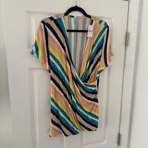 Lane Bryant Women's Striped Faux Wrap V Neck Short Sleeve Top 14 16 1X NWT 14/16